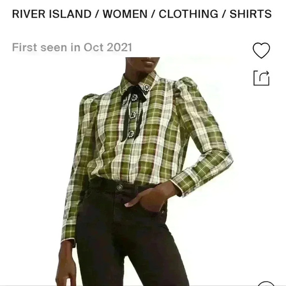 River Island Plaid Crystal Button Cotton Blend Shirt Light Green Size S - Picture 3 of 4